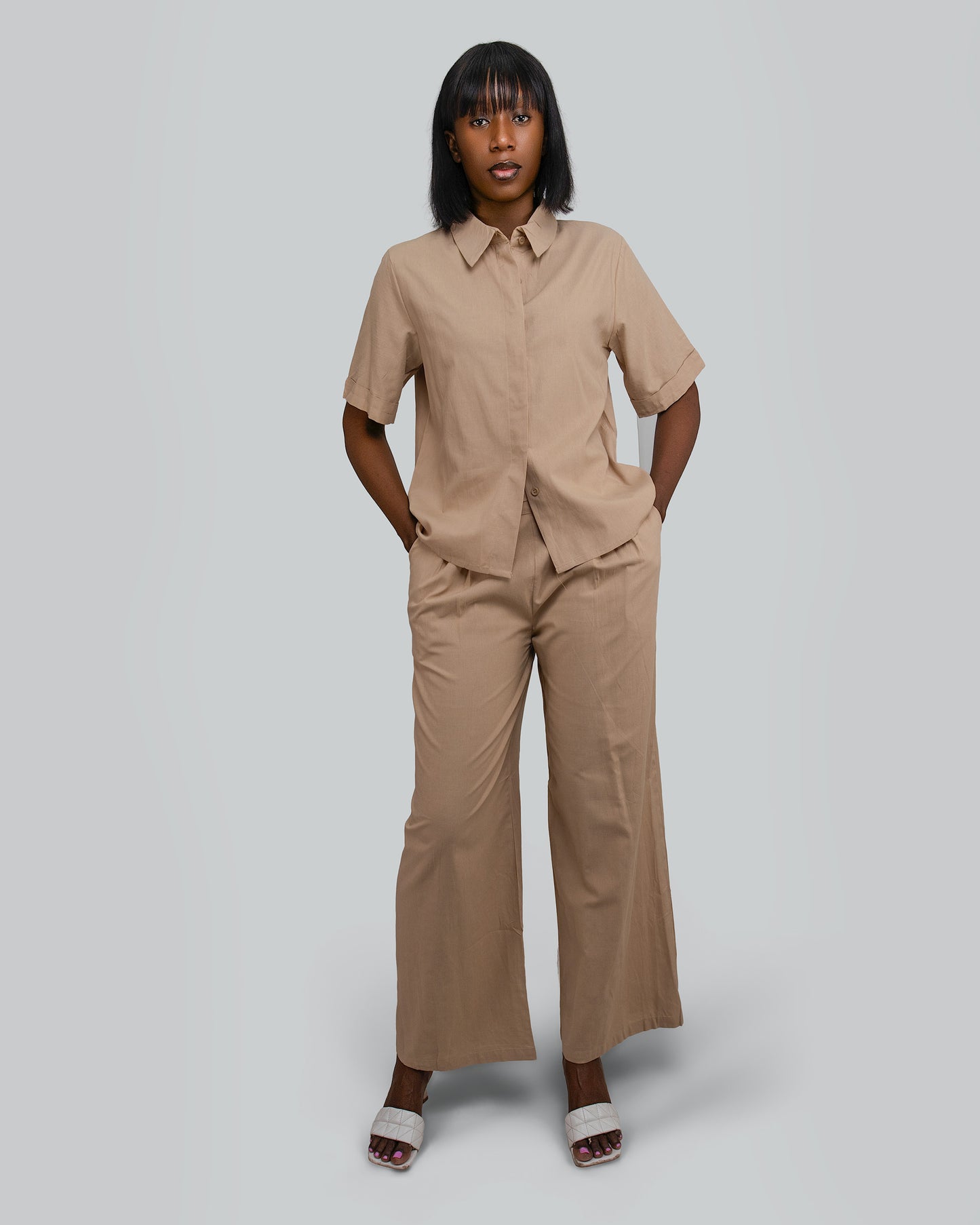 FATO DE PANTALONA COM BLUSA DE MANGA CURTA TECIDO LINHO (TZ-2614)