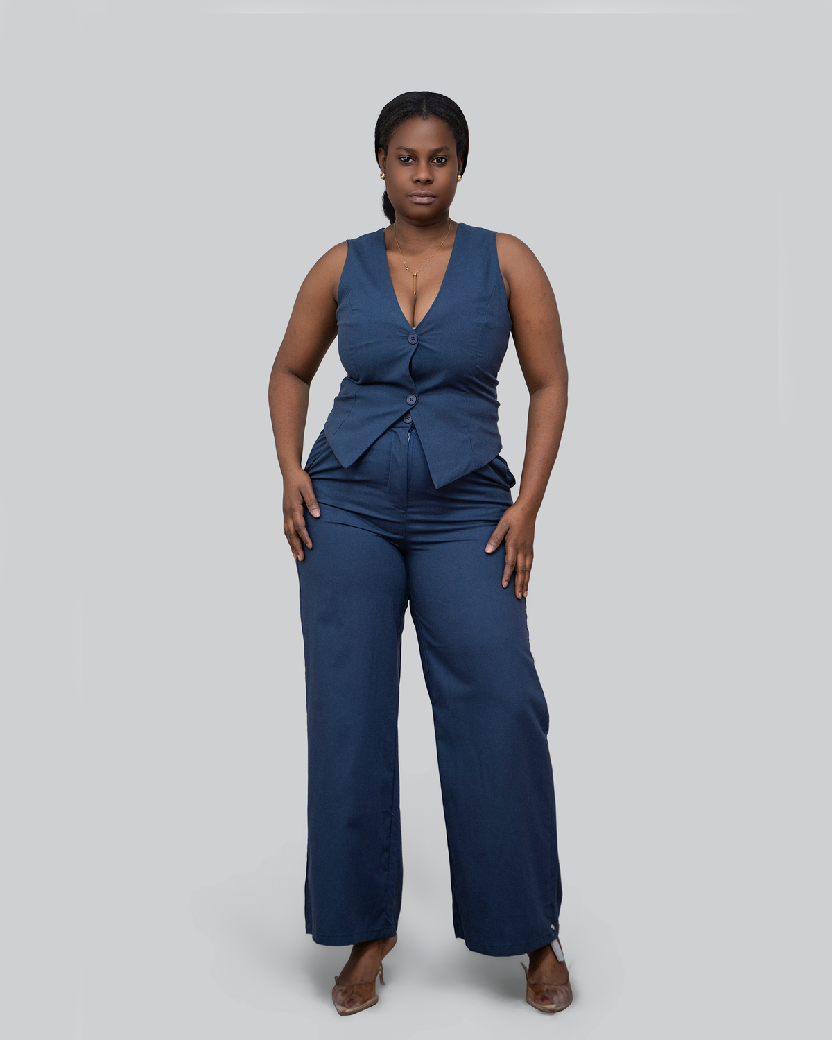 腰部饰带亚麻面料长连身裤 (JS-924)