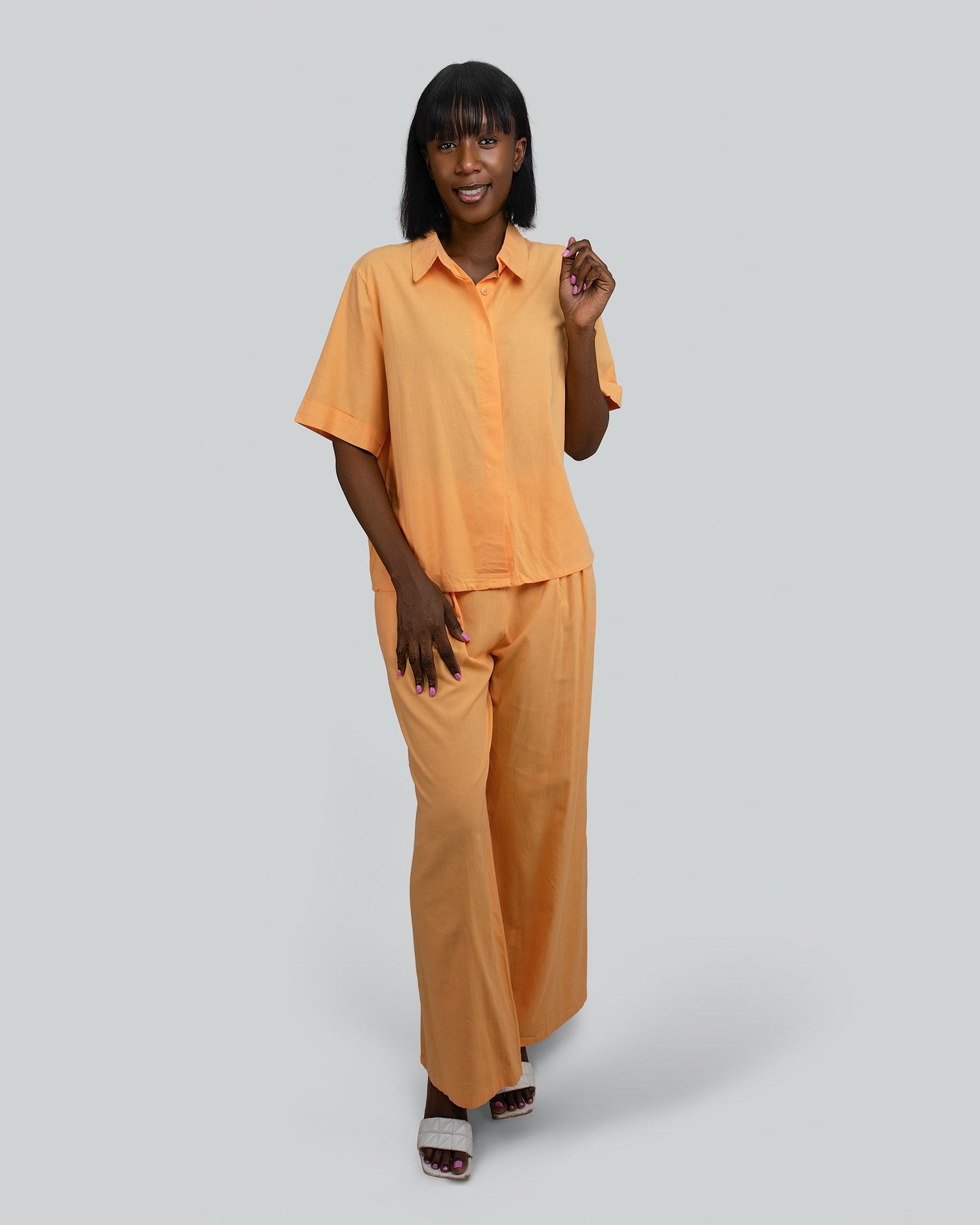 FATO DE PANTALONA COM BLUSA DE MANGA CURTA TECIDO LINHO (TZ-2614)