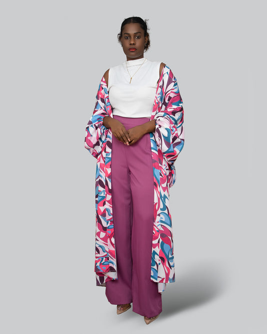 Fato de Pantalona Com Blusa Curta e Bata Estampada (TZ-2979)
