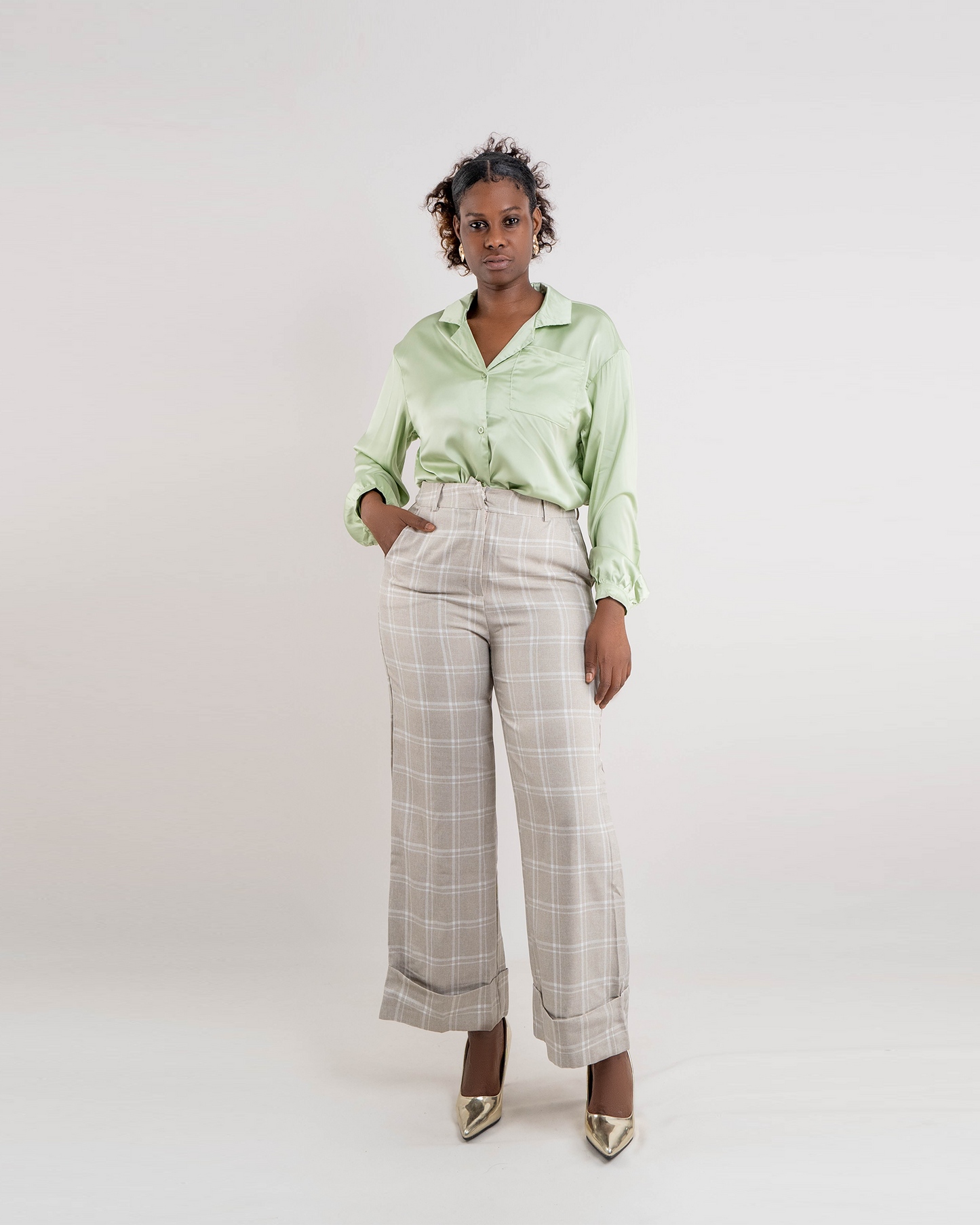Fato de Camisa com Calca Pantalona Xadrez  Bainha Francesa (TZ-2557)