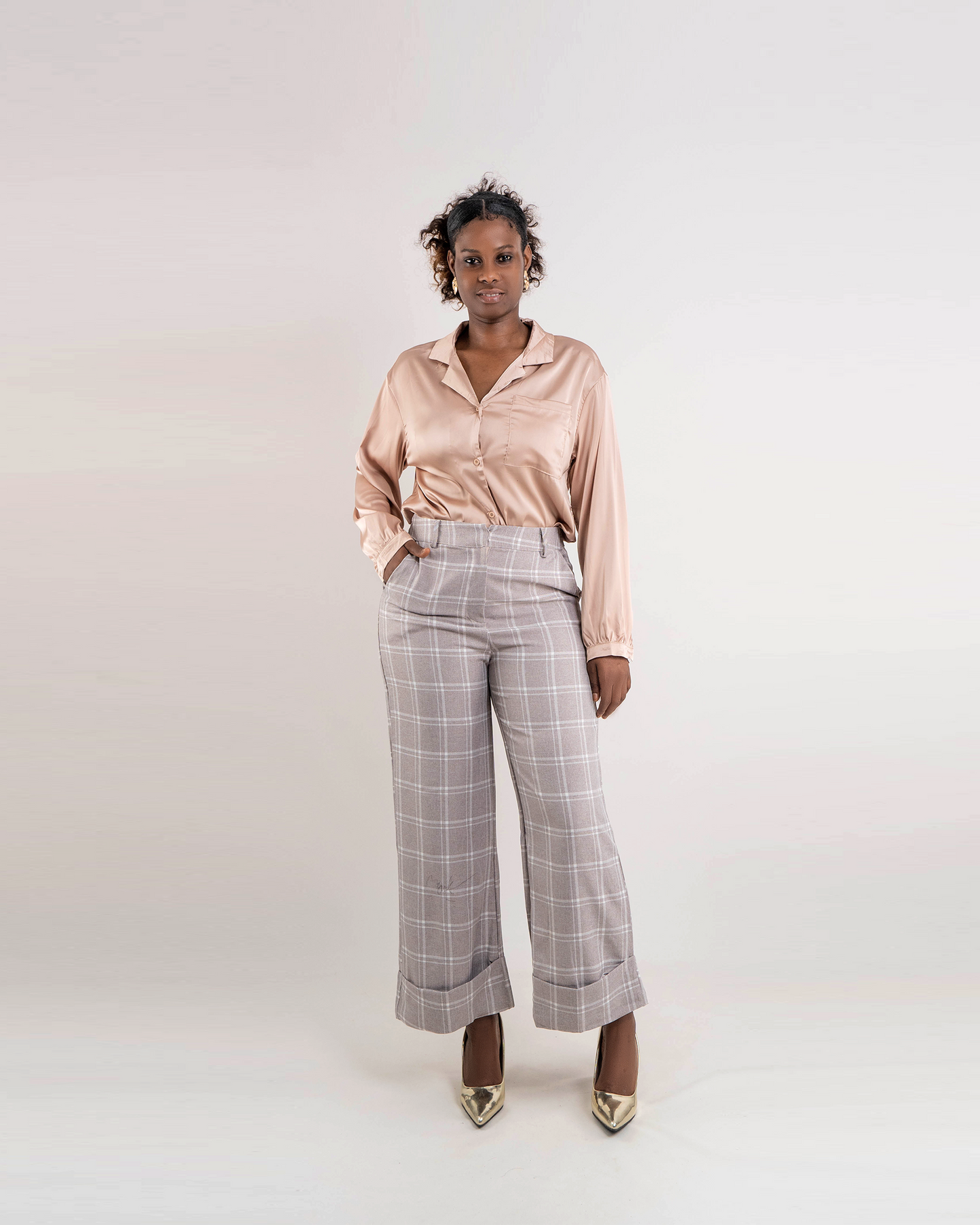 Fato de Camisa com Calca Pantalona Xadrez  Bainha Francesa (TZ-2557)