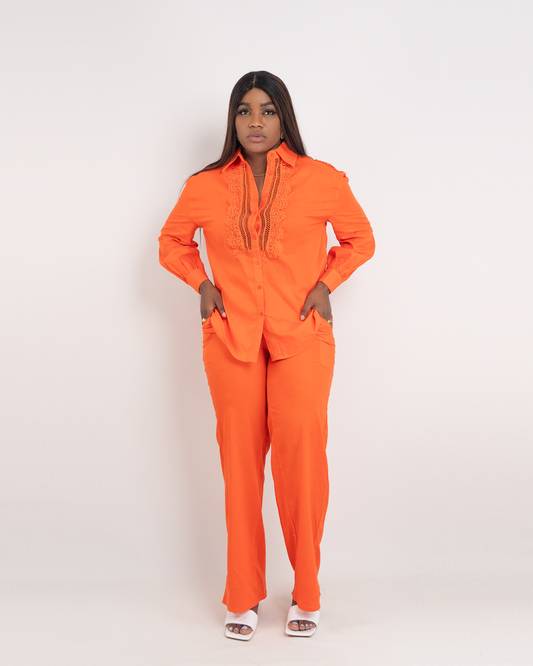 Fato de Pantalona Com Camisa Bordado Inglês Tecido Linho (TZ-2947)
